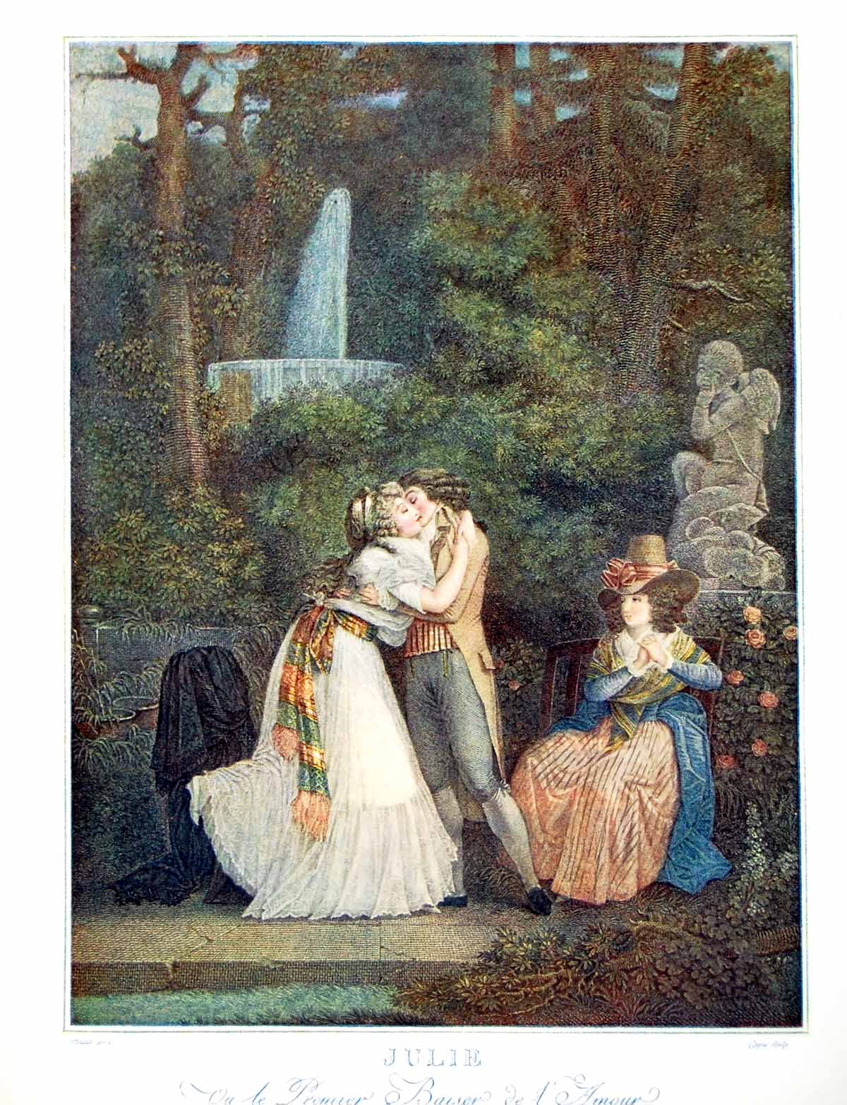 Antique Old Print Julie Ladies Garden Young Gentleman Kissing Fountain 1907