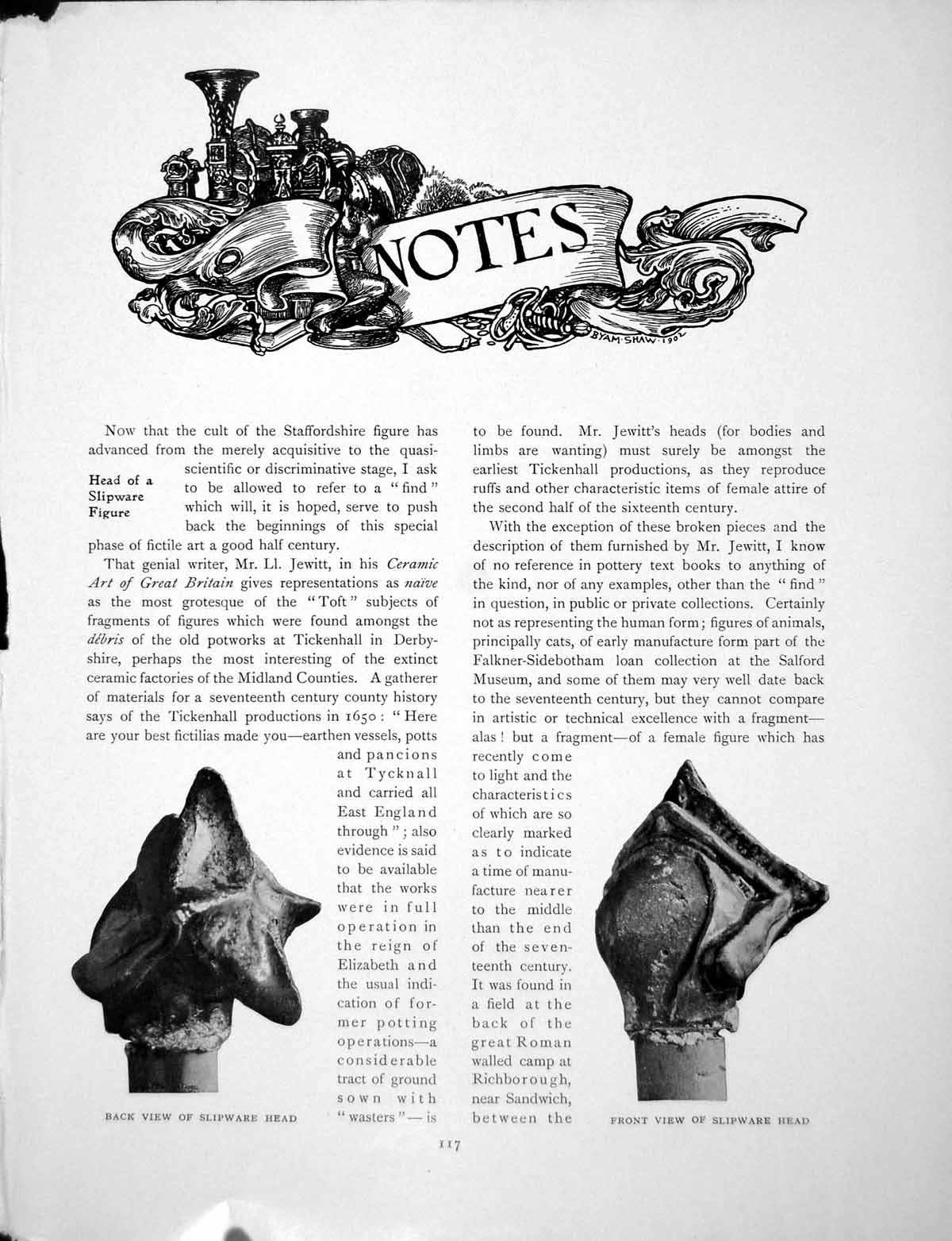 Antique Old Print Notes Slipware Head Tomb Chrles The BAmuletPages 1907
