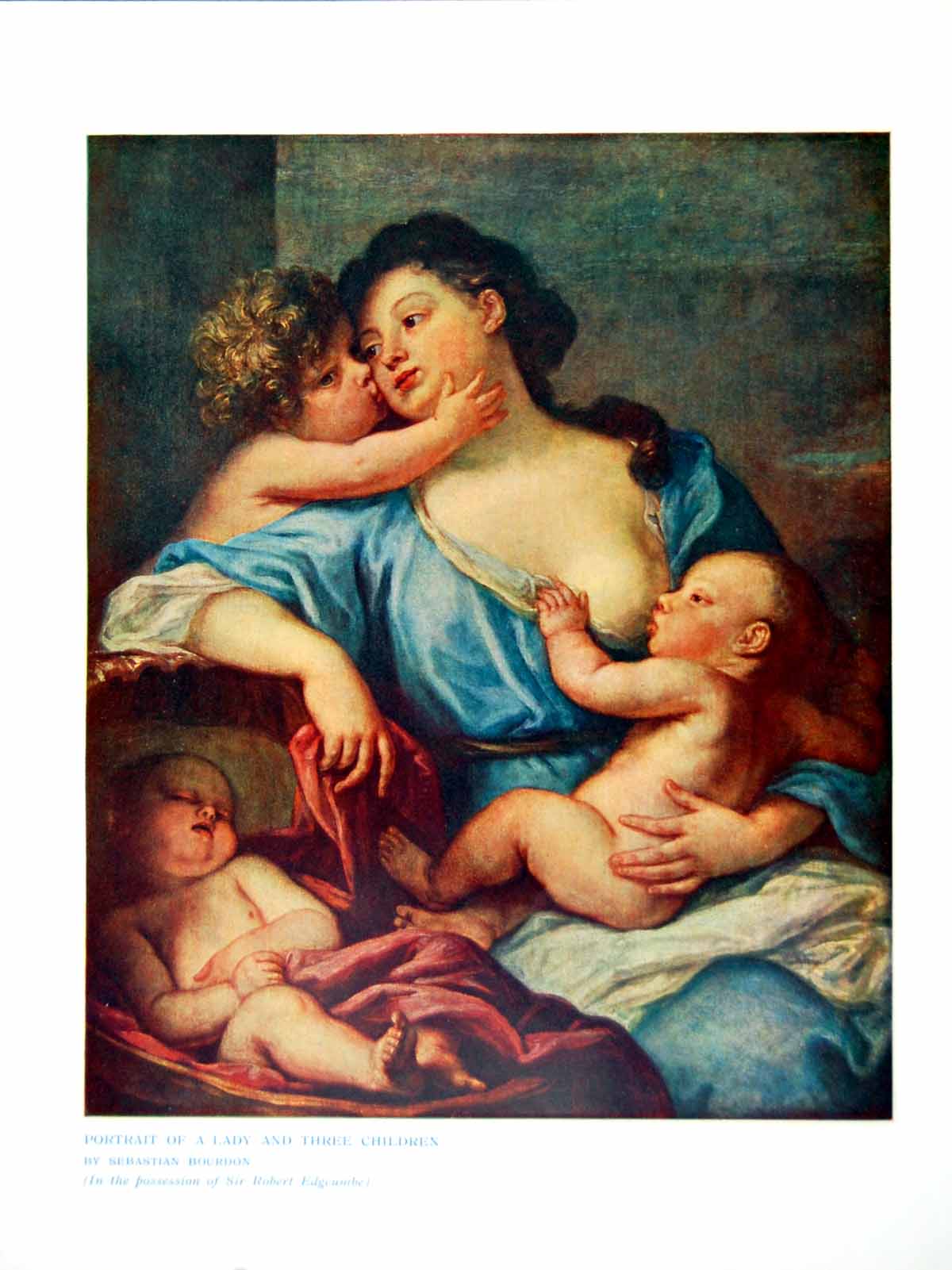 Antique Old Print Portrait A Lady And Three Children Sebastian Bourdon 1907