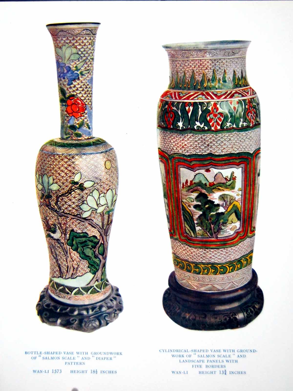 Antique Old Print Bottle-Shaped Vase Salmon Scale Diaper Pattern Wan-Li 1907