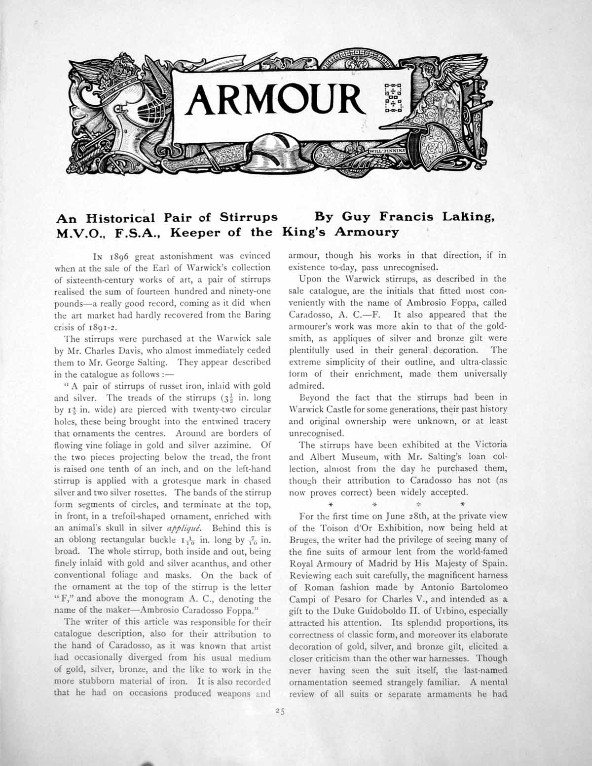 Antique Old Print Historical Pair Stirrups Roman Armour Charles VPage 1907