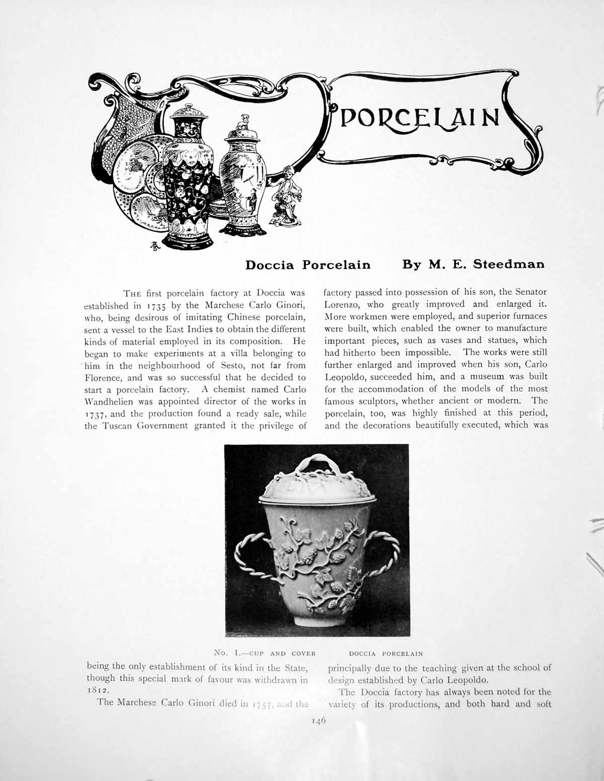 Antique Old Print Doccia Porcelain Cup And Cover Group A SatyrPages 1907