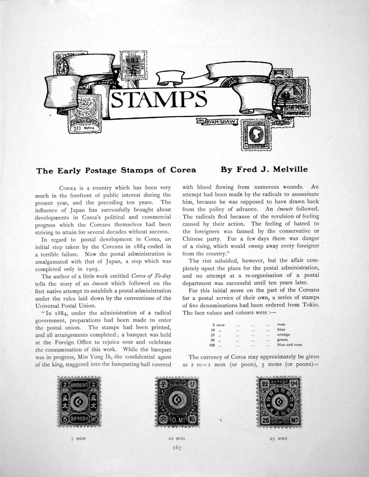 Original Old Antique Print The Early Postage Stamps Corea KoreaPage 1907