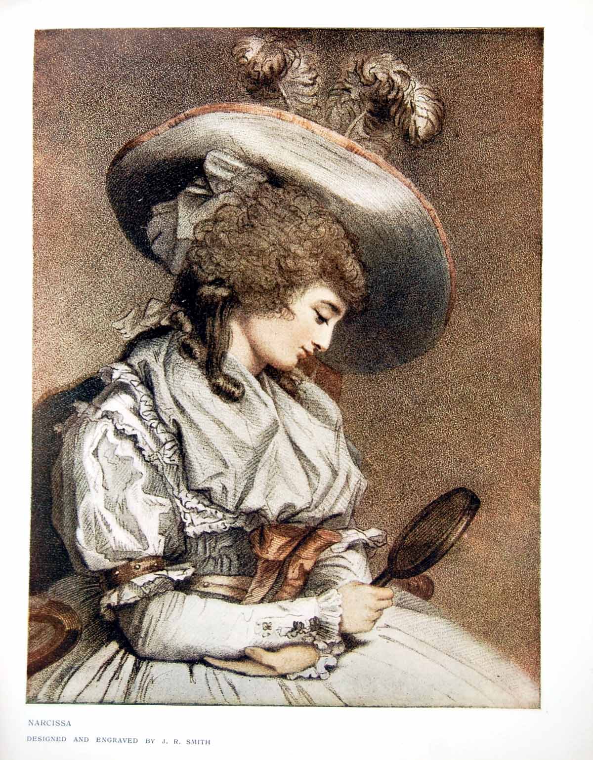 Antique Old Print Narcissa Lady Hand Mirror Designed Engraved Jr Smith 1907