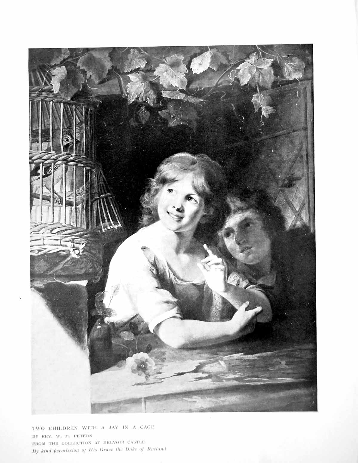 Old Antique Print Two Children With A Jay In A Cage By Rev Wm Peters 1907 20th