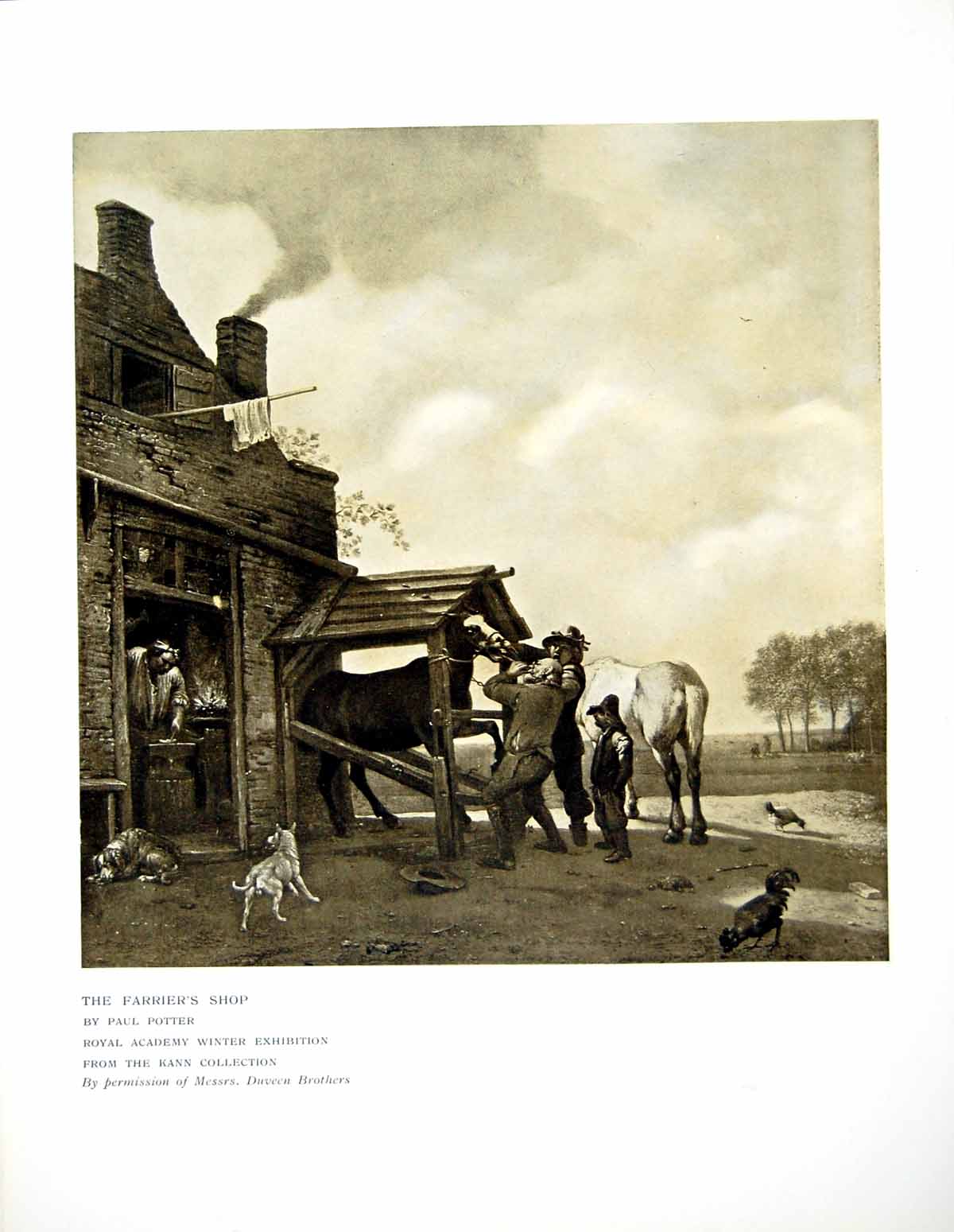 Original Old Antique Print The Farriers Shop Paul Potter Men Horses Dogs 1908