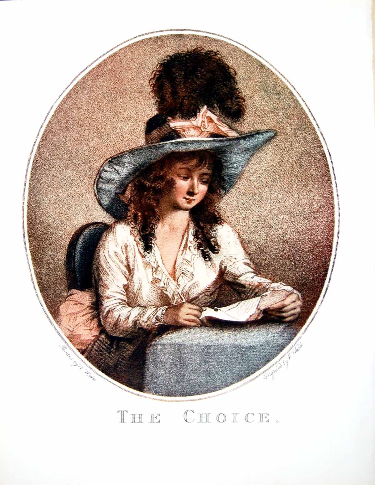 Antique Old Print The Choice Lady Reading Letter Seated Table Large Hat 1908