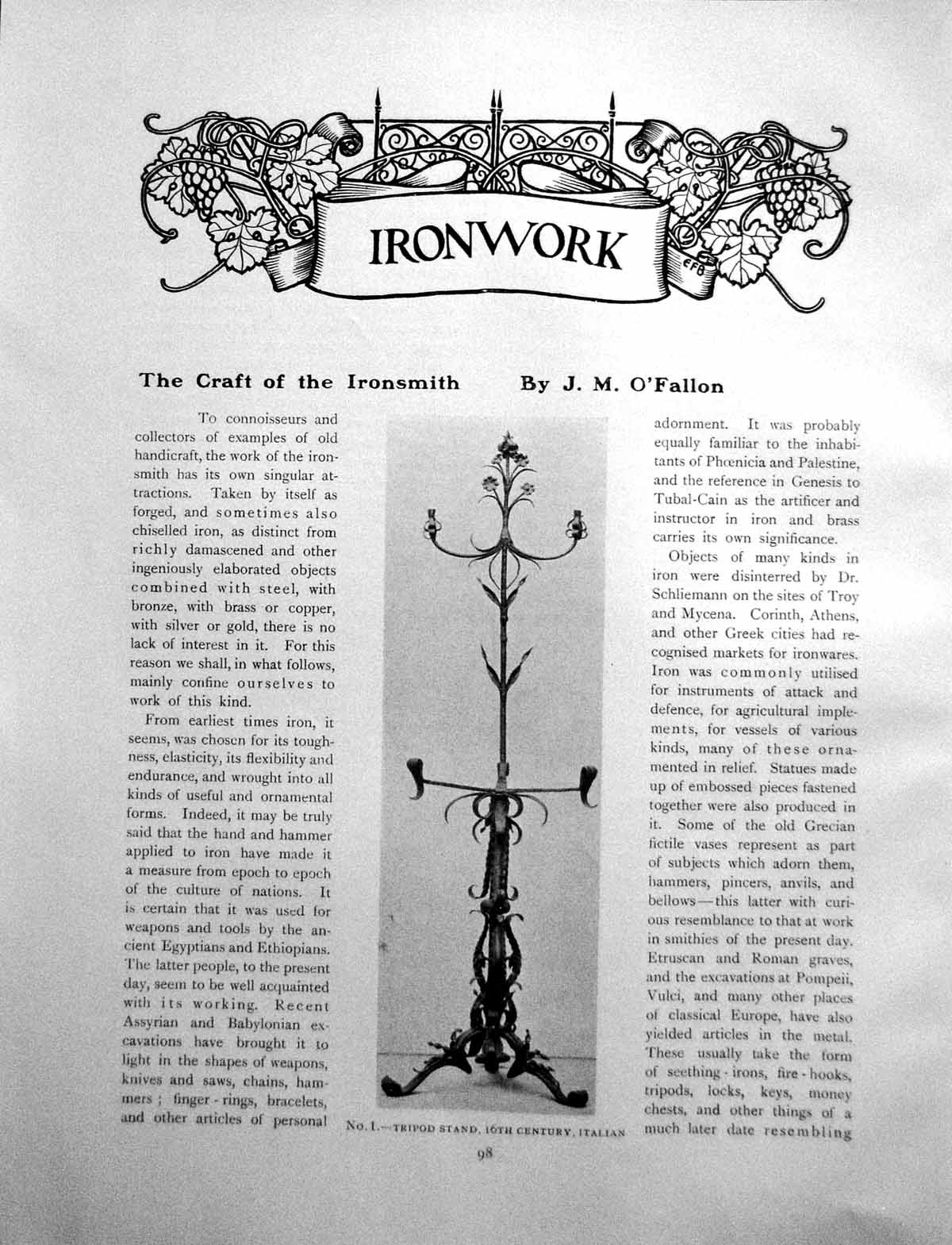 Old Print The Craft The Ironsmith C16Th Italian Tripod StandPages 1908