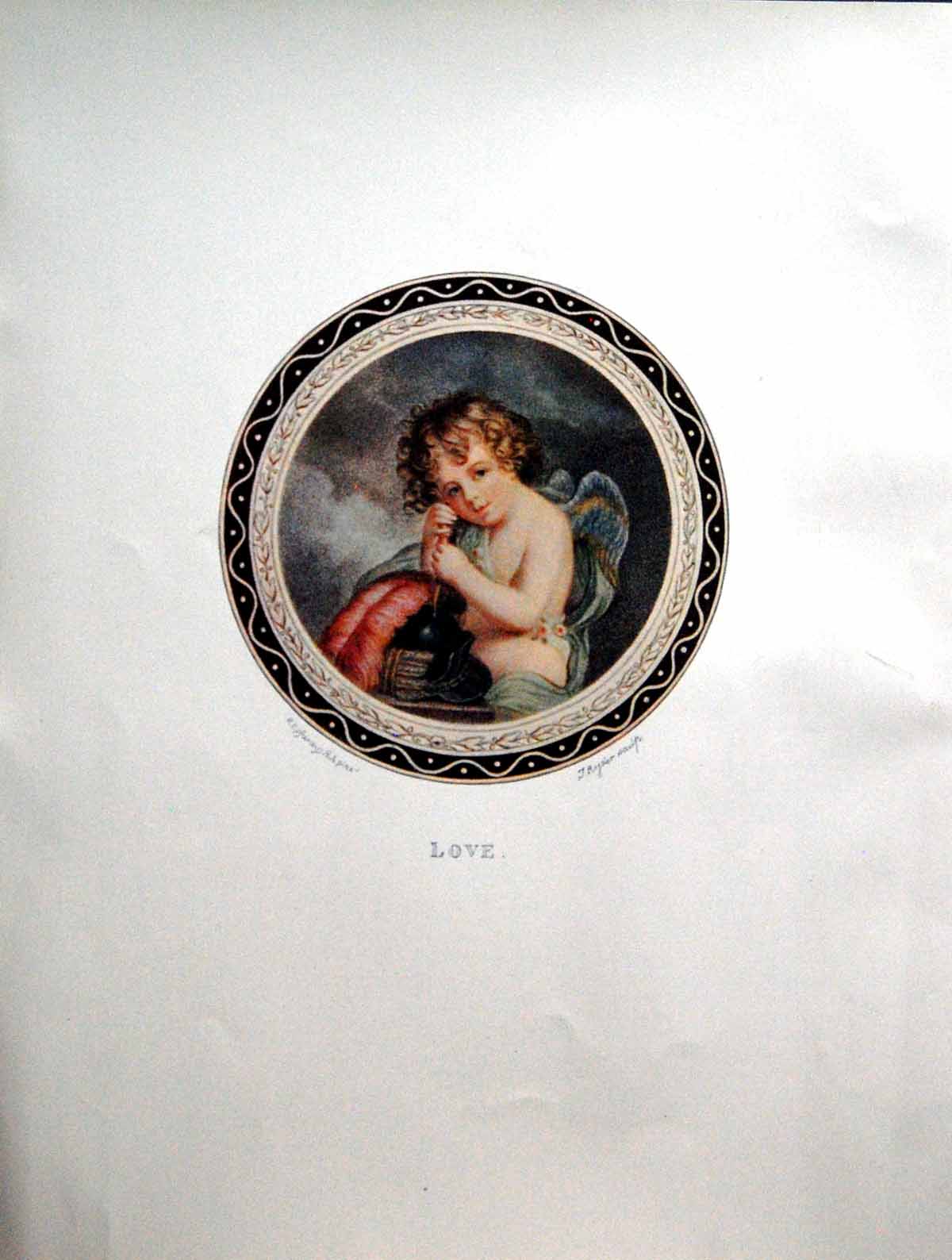 Old Antique Print Love Cherubic Angel Blue Green Wings Plumed Helmet 1908 20th