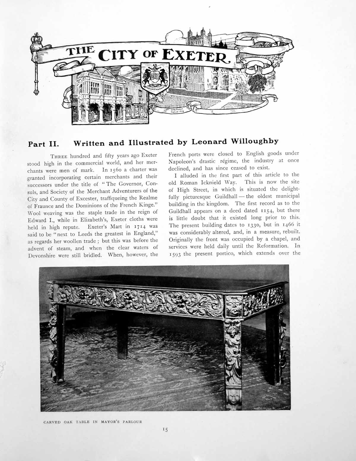 Antique Old Print City Exeter Carved Oak Table Maces City SwordPages 1909
