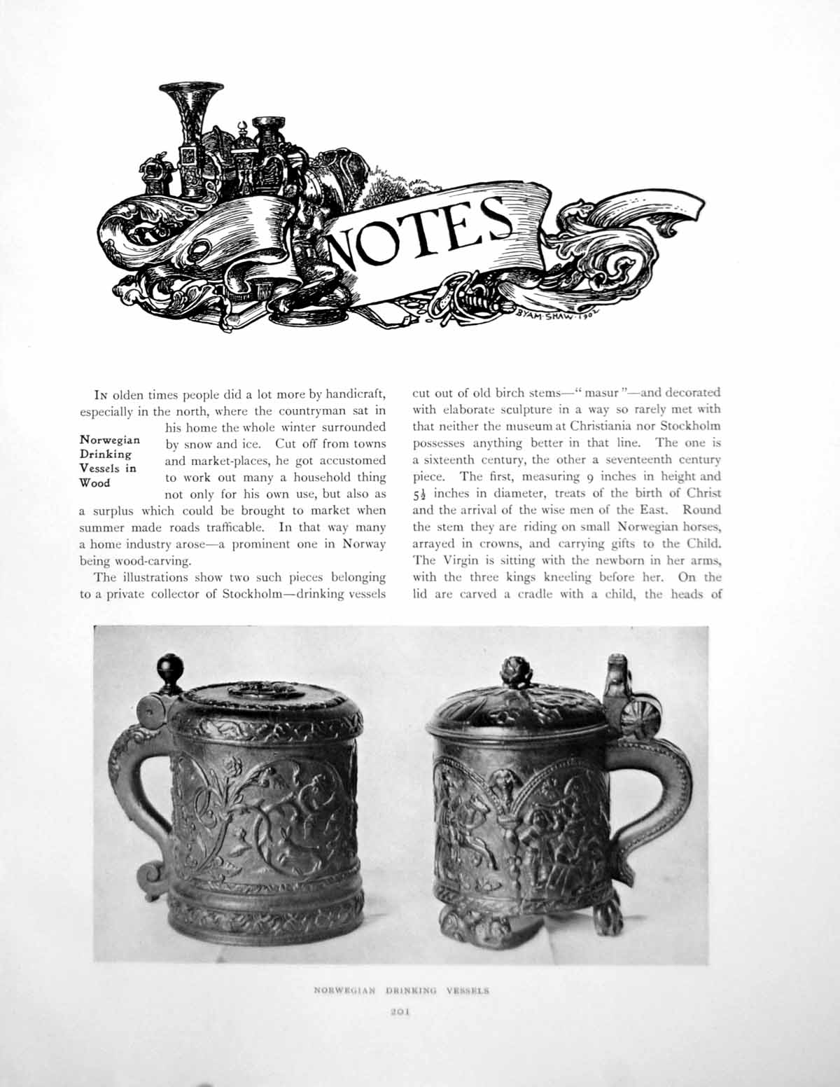 Old Print Norwegian Drinking Vessels In Wood Moreau Le JeunePages 1909