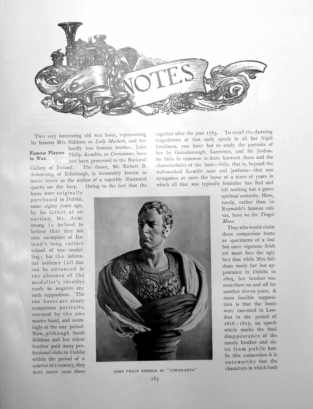 Antique Old Print Notes Famous Players Wax J P Kemble CoriolanusPages 1909