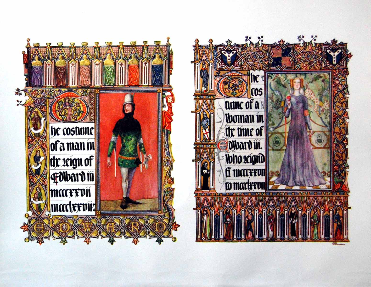 Original Old Antique Print Costume Man And Woman In Regin Edward Iii 1909 20th