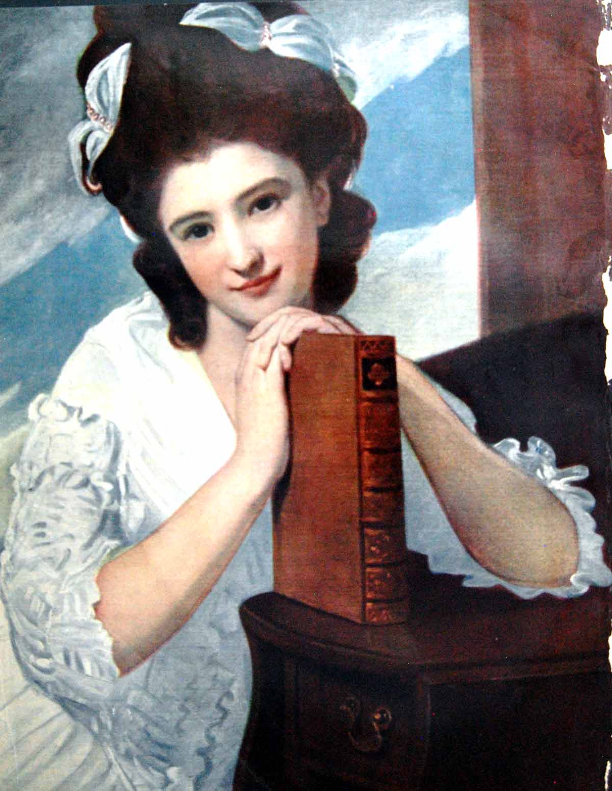 Antique Print Lady Leaning Book Chest Drawers Butterfly Clips In Hair 1909 20th