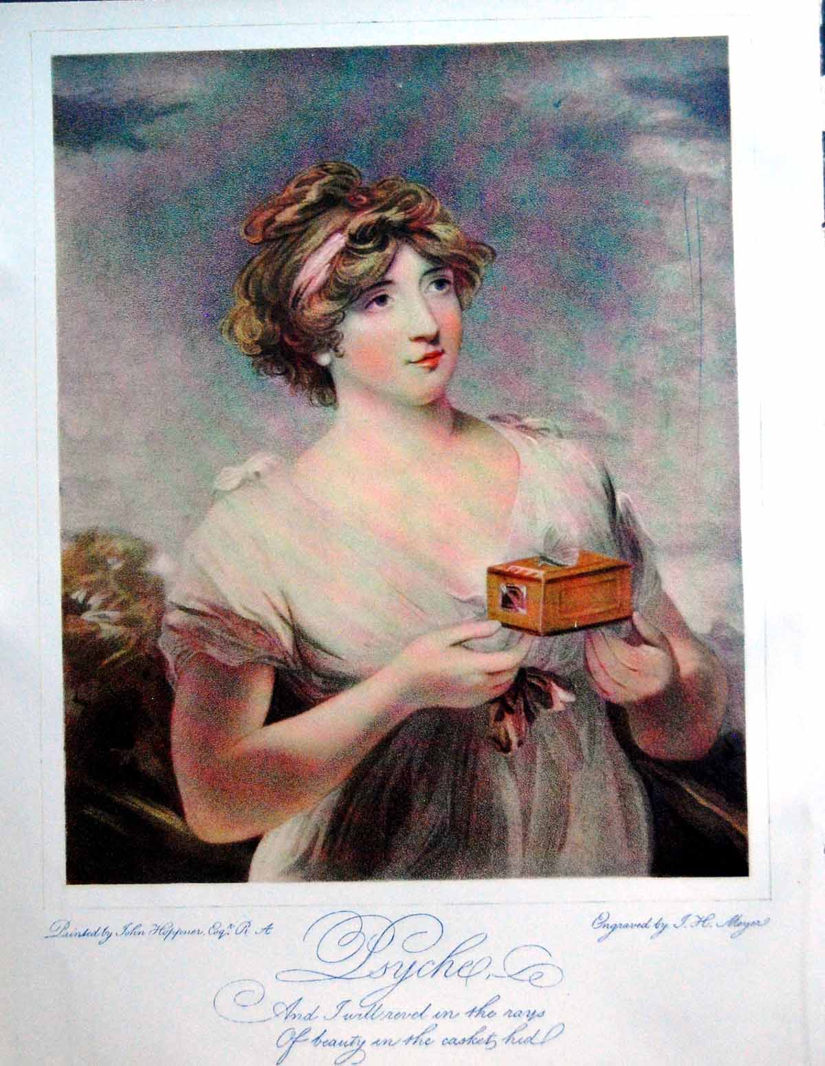 Antique Old Print Psyche Portrait Young Lady White Dress Ribbon Waist 1909 20th