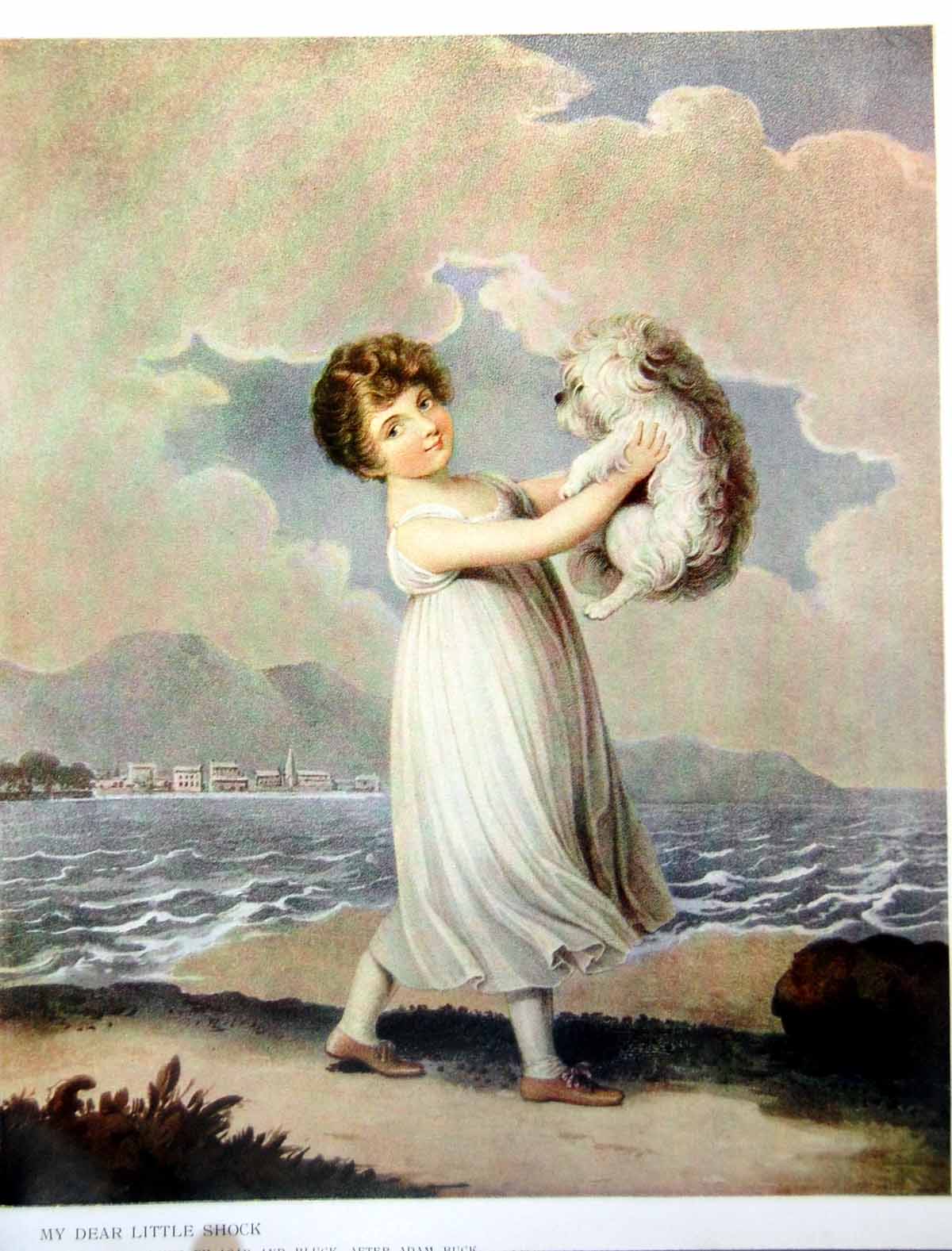 Antique Old Print My Dear Little Shock Young Girl Lifting Dog Seaside 1910 20th