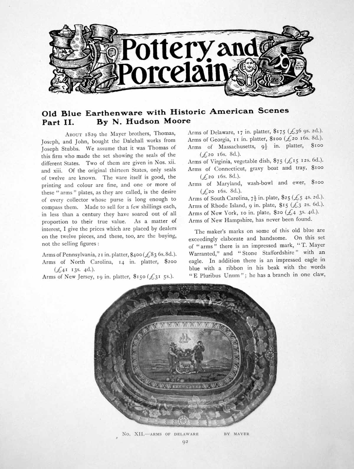 Old Antique Print Blue Earthenware Historic American ScenesPages 1910
