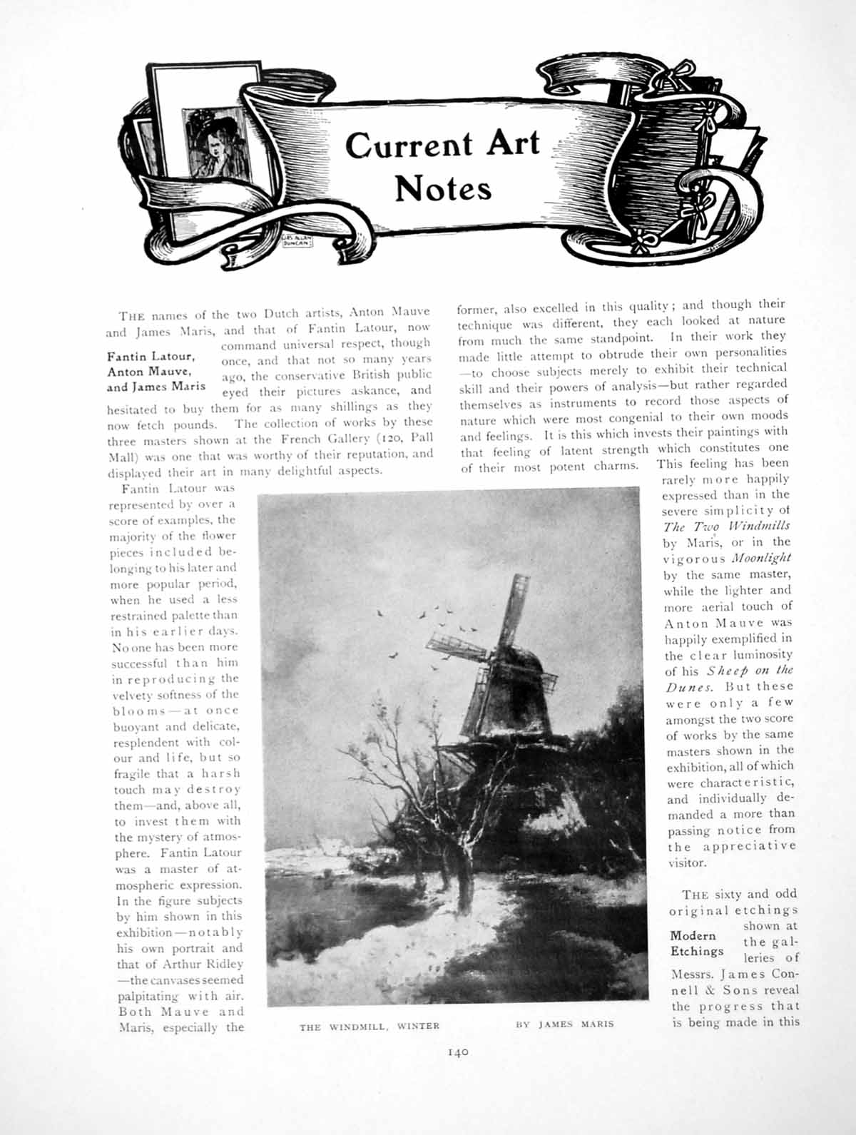 Antique Old Print Current Art Notes Windmill Winter James MarisPages 1910
