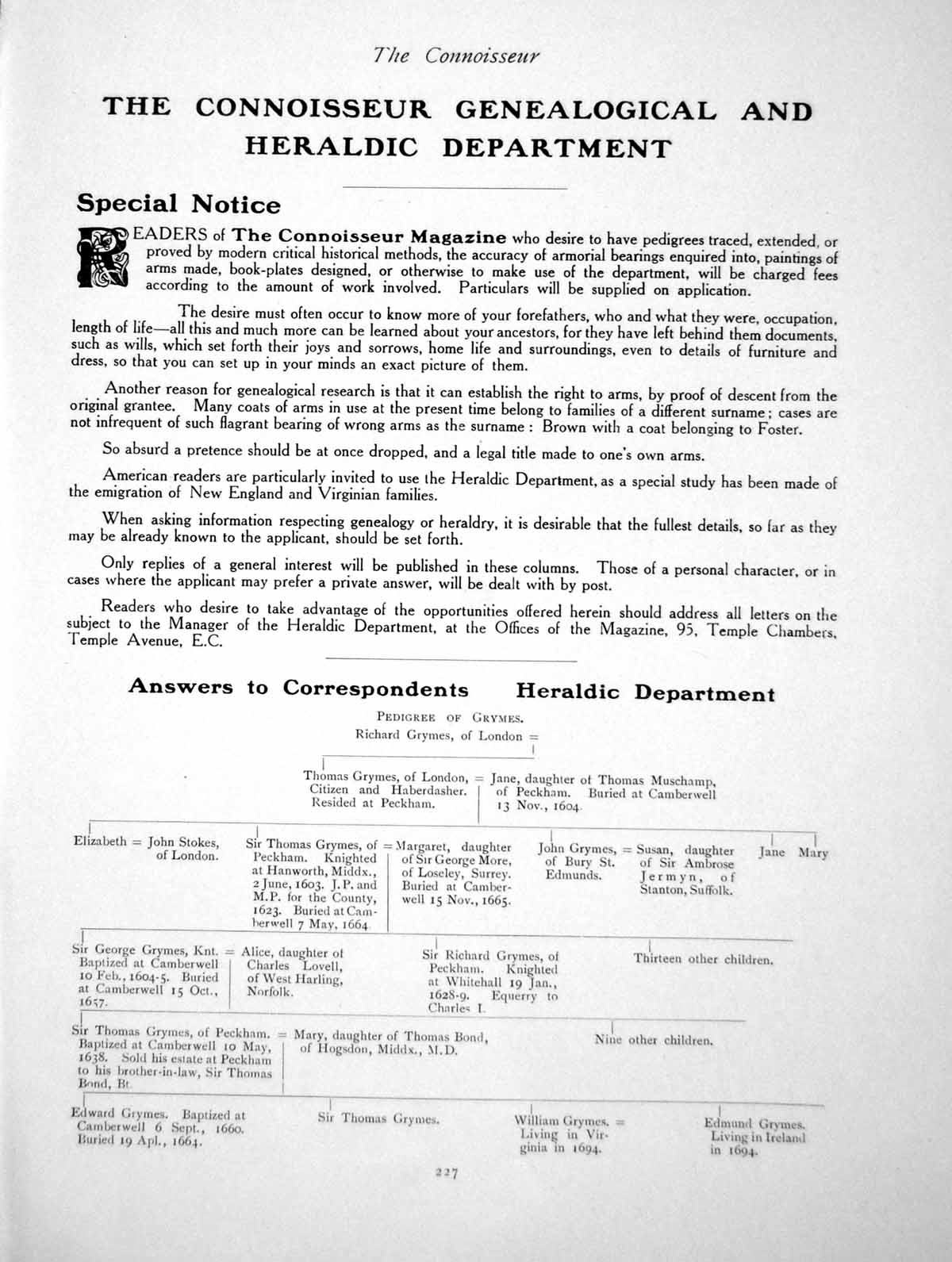 Original Old Antique Print Heraldic Department Pedigree GrymesPage 1910