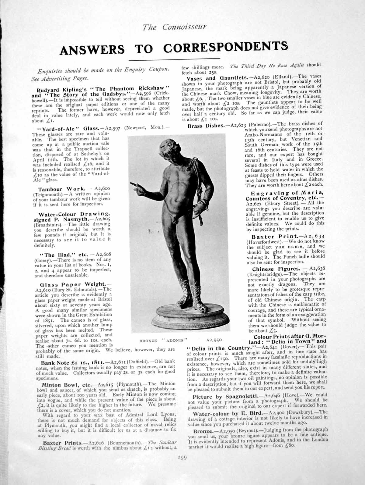 Original Old Antique Print Bronze Adonis Answers To CorrespondentsPage 1910