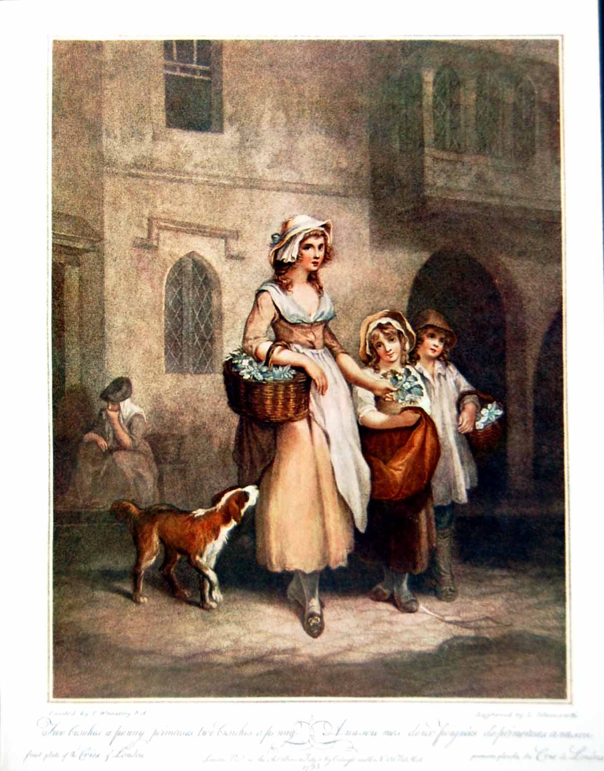 Old Print Flower Seller Lady With Two Children And Dog Street Scene 1910 20th
