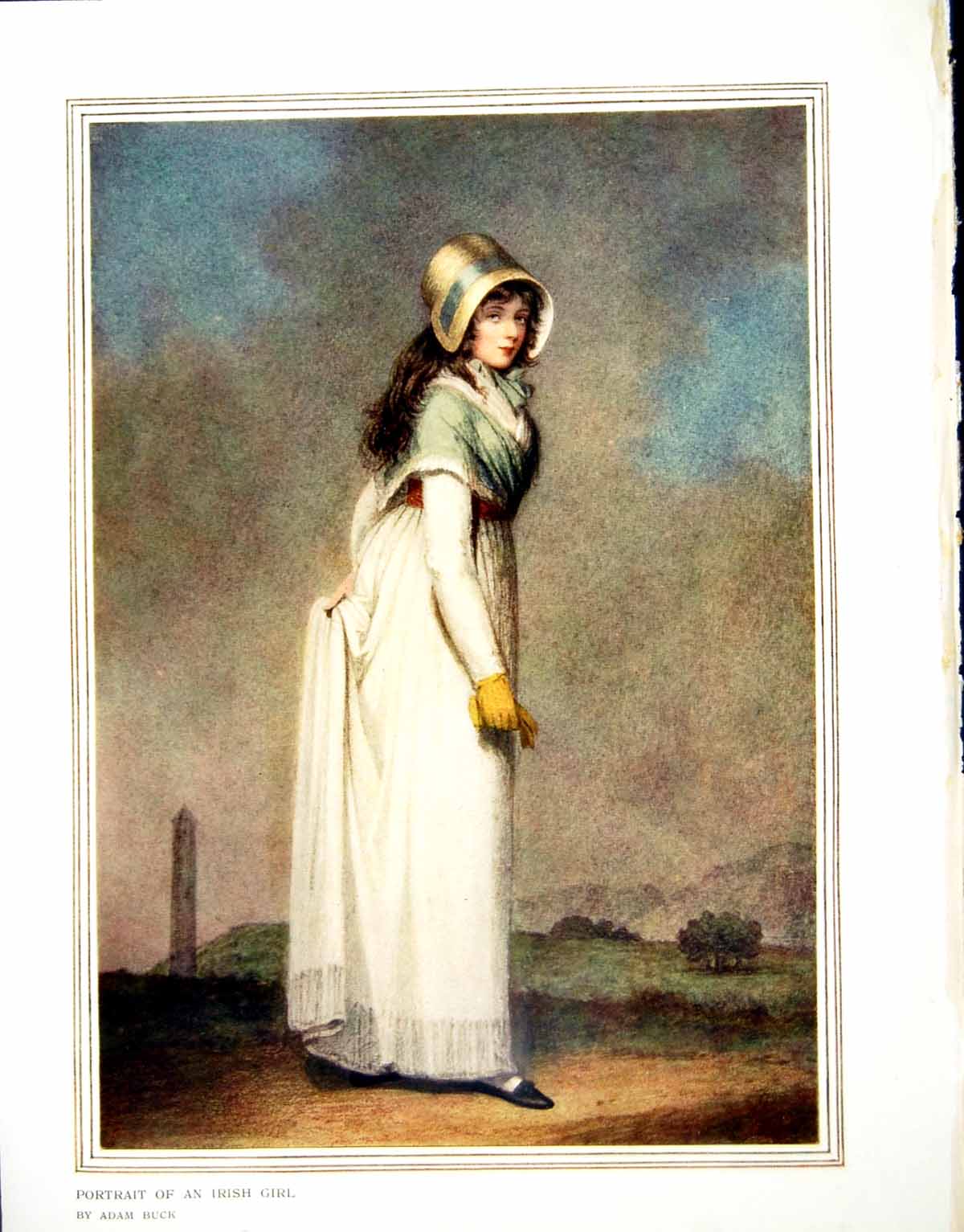 Old Antique Print Portrait An Irish Girl By Adam Buck Long Dress Hat 1910 20th