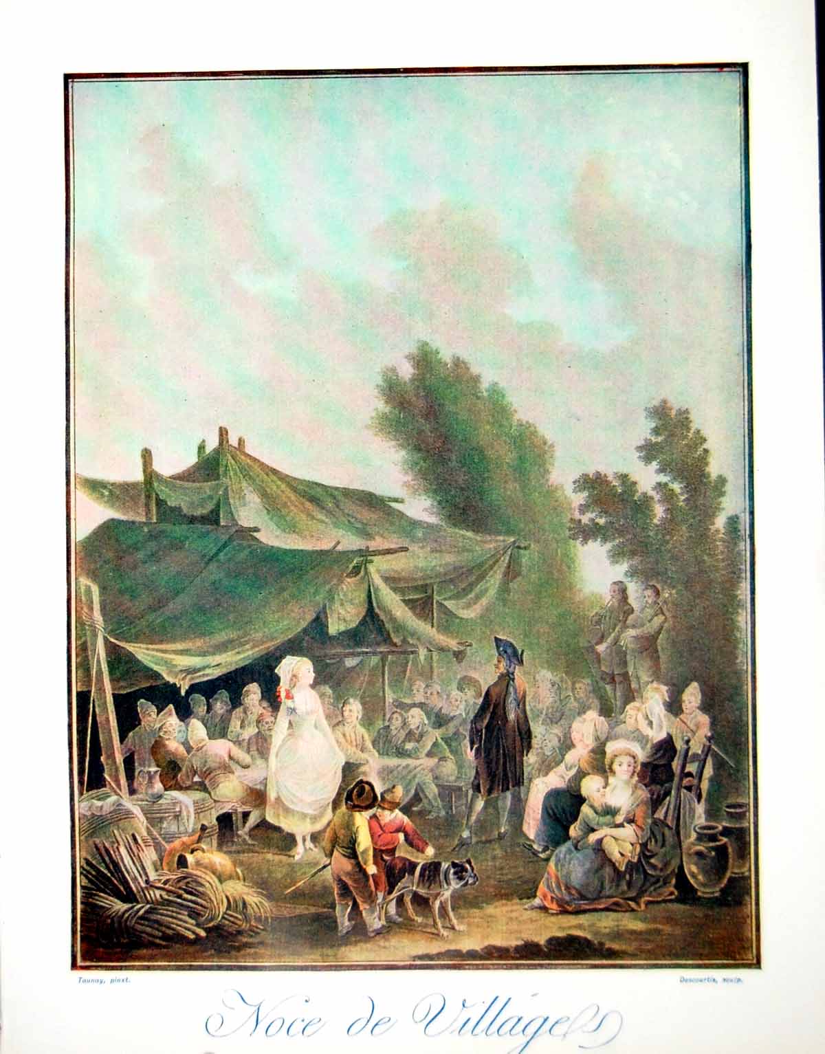 Antique Old Print Noce De Village Scene Ladies Seated Children Dancers 1910
