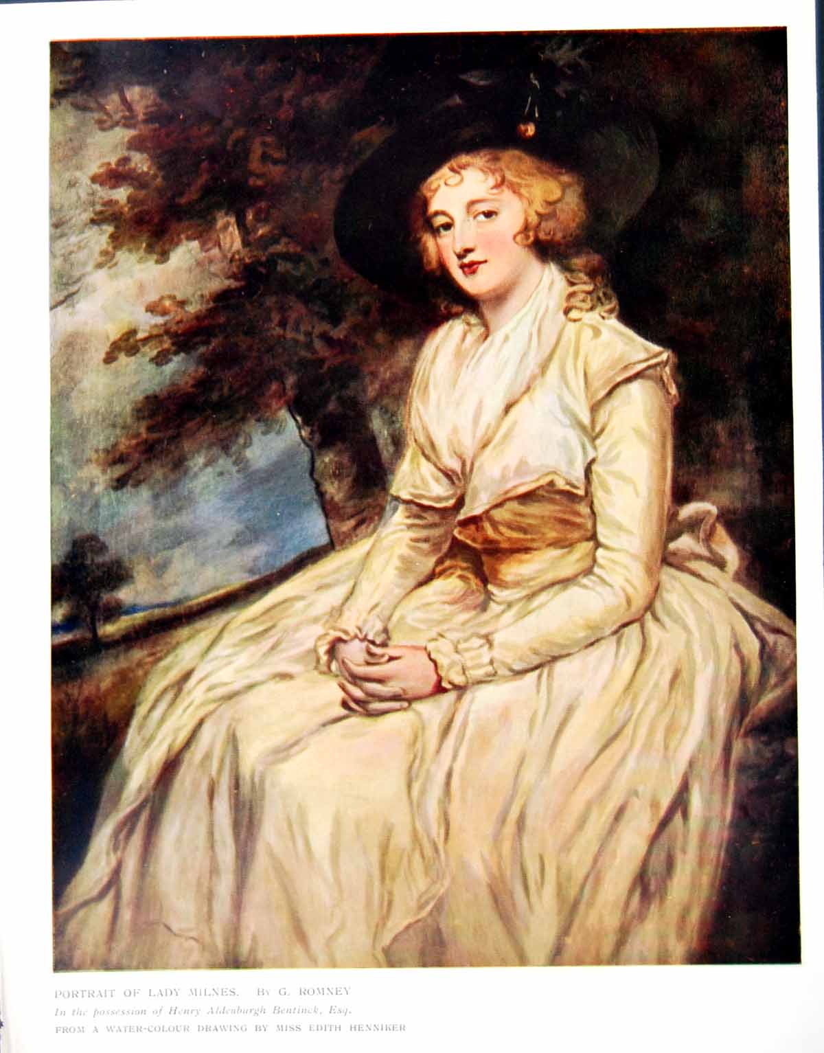 Original Old Antique Print Portrait Lady Milnes G Romney From Watercolour 1910