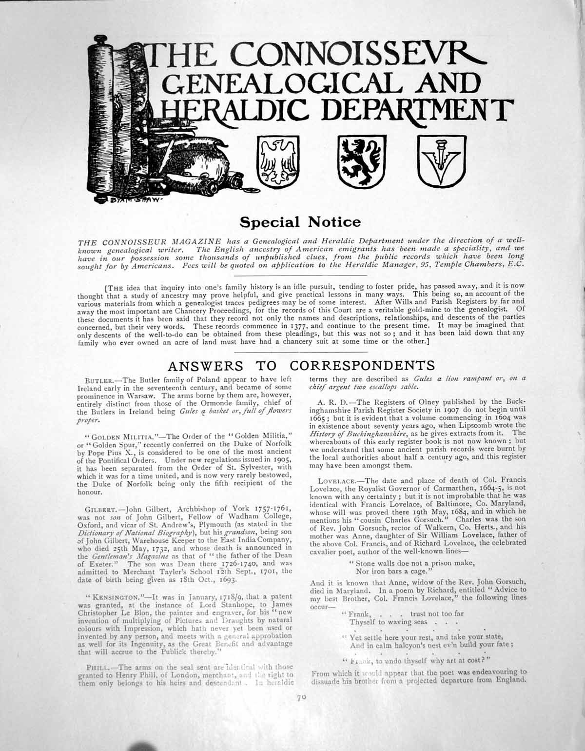 Antique Old Print Title Banner Geanealogy Dept. & CorrespondencePage 1911
