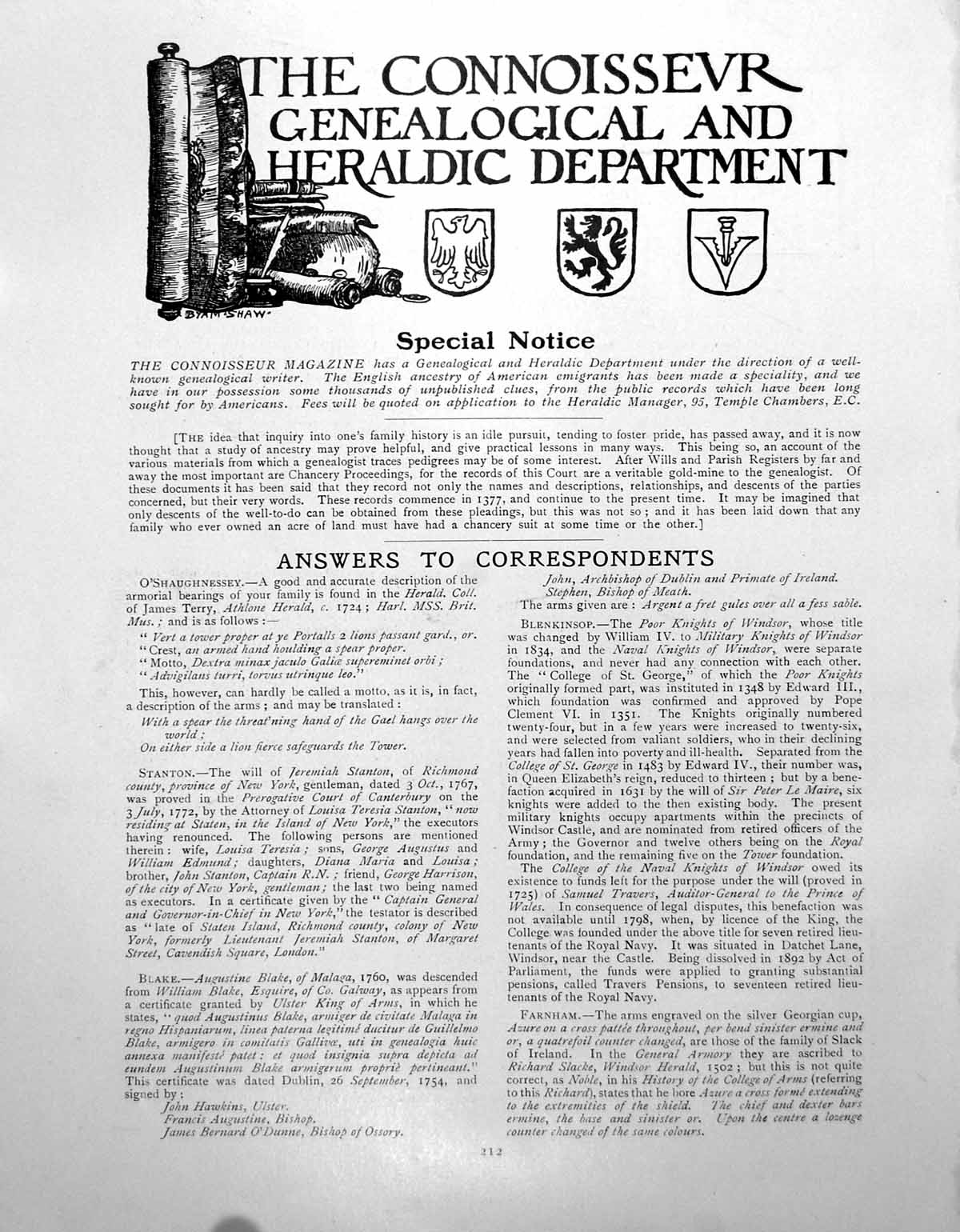 Antique Print Genealogical Heraldic Dept. Correspondence ScribePage 1911