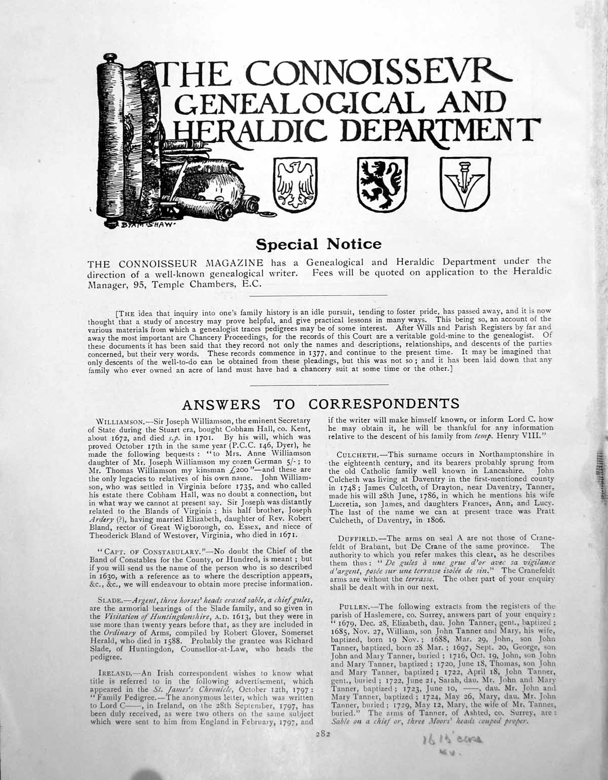 Antique Old Print Genealogical Heraldic Department CorrespondencePage 1911