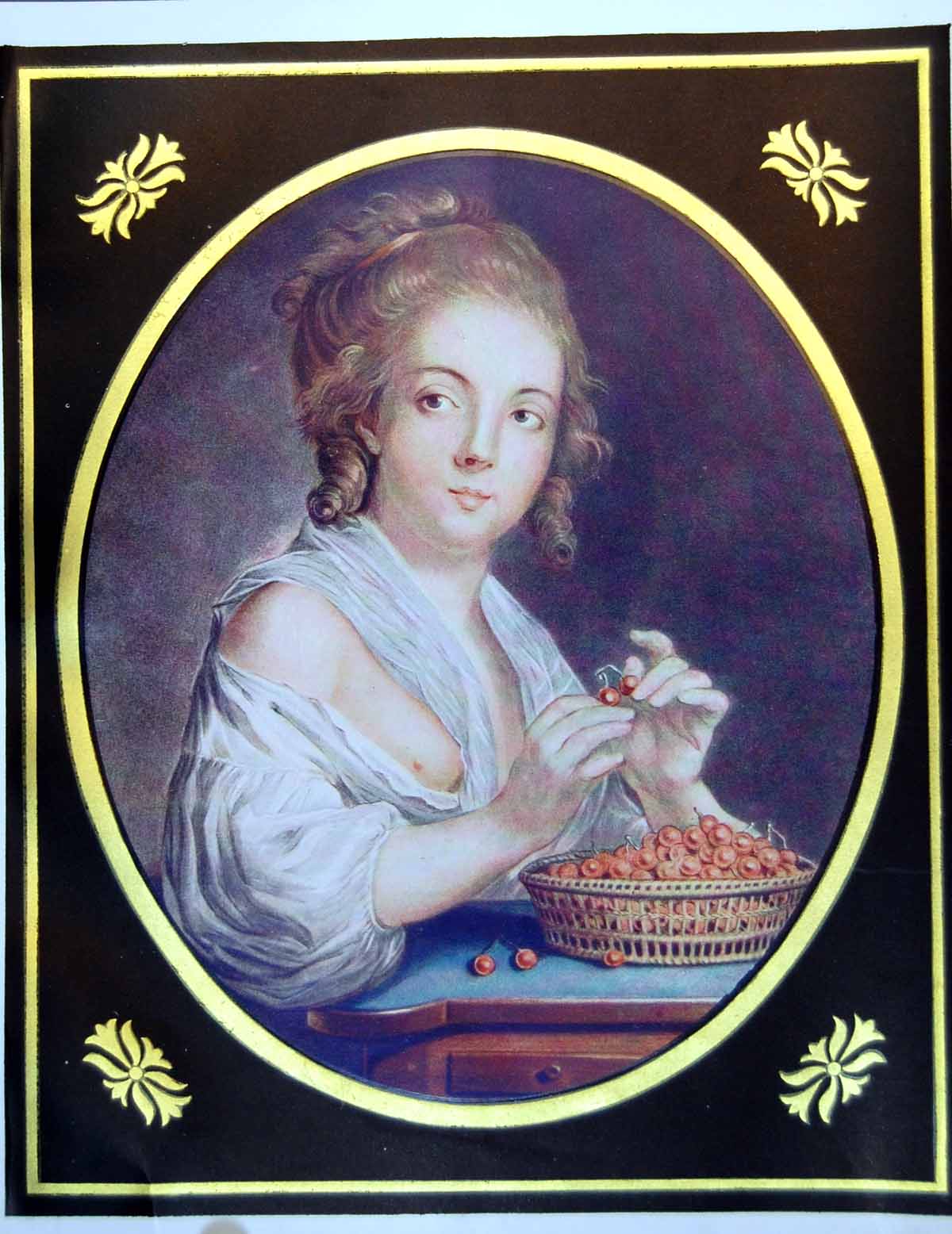 Antique Old Print Lady With Basket Cherries Portrait Dress Off Shoulder 1911