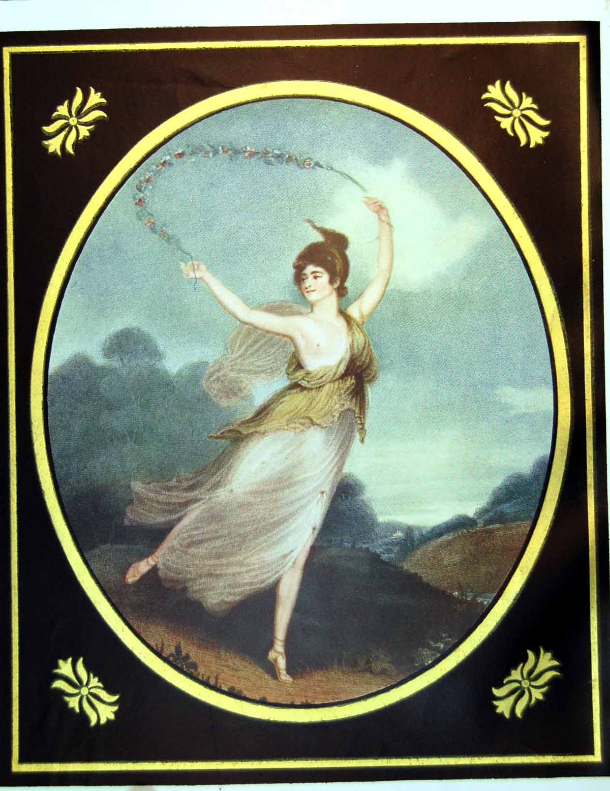 Antique Old Print Lady Dancing Countryside Garland Flowers Dress Open 1911 20th