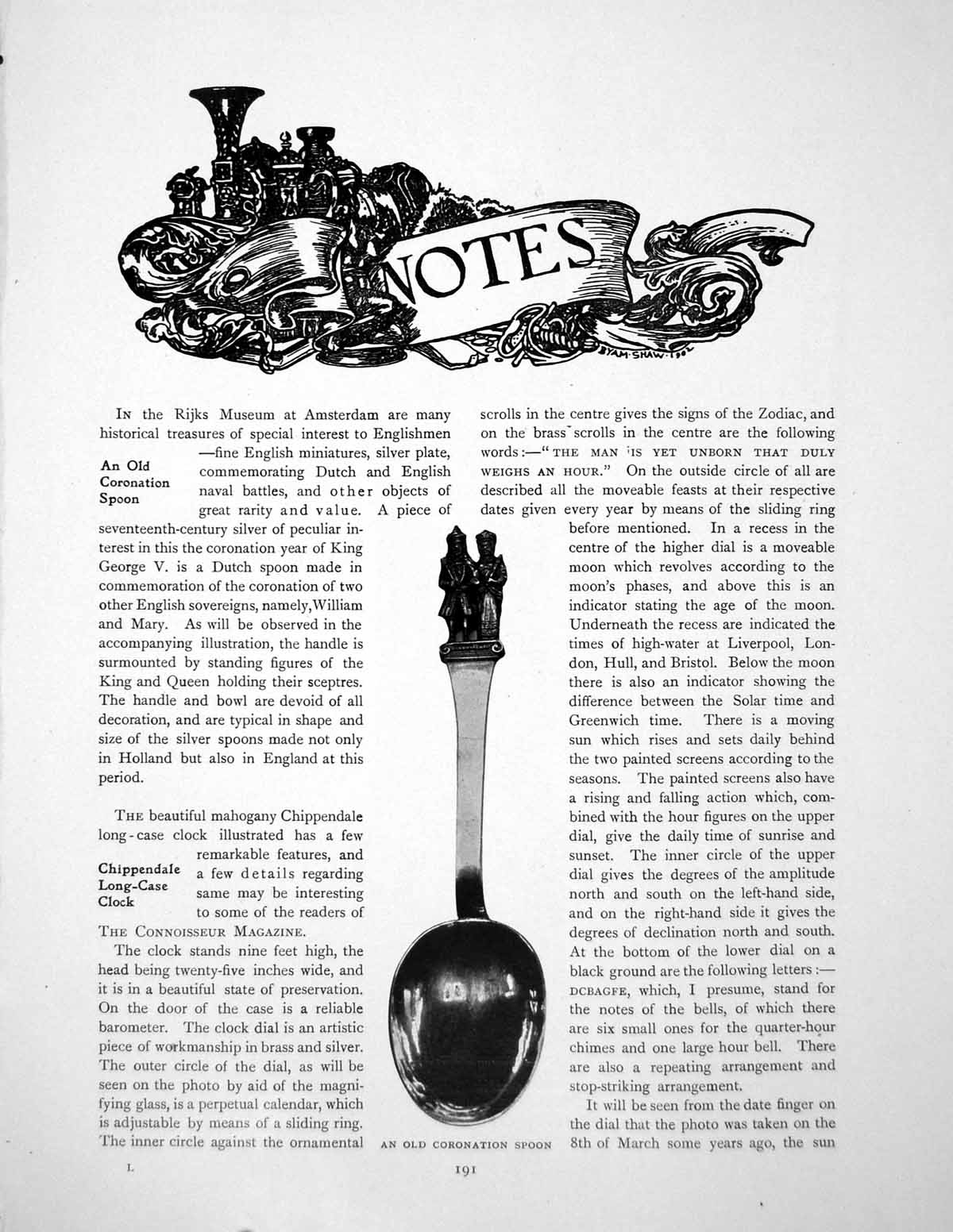Old Antique Print Notes Coronation Spoon Chippendale ClockPages 1911