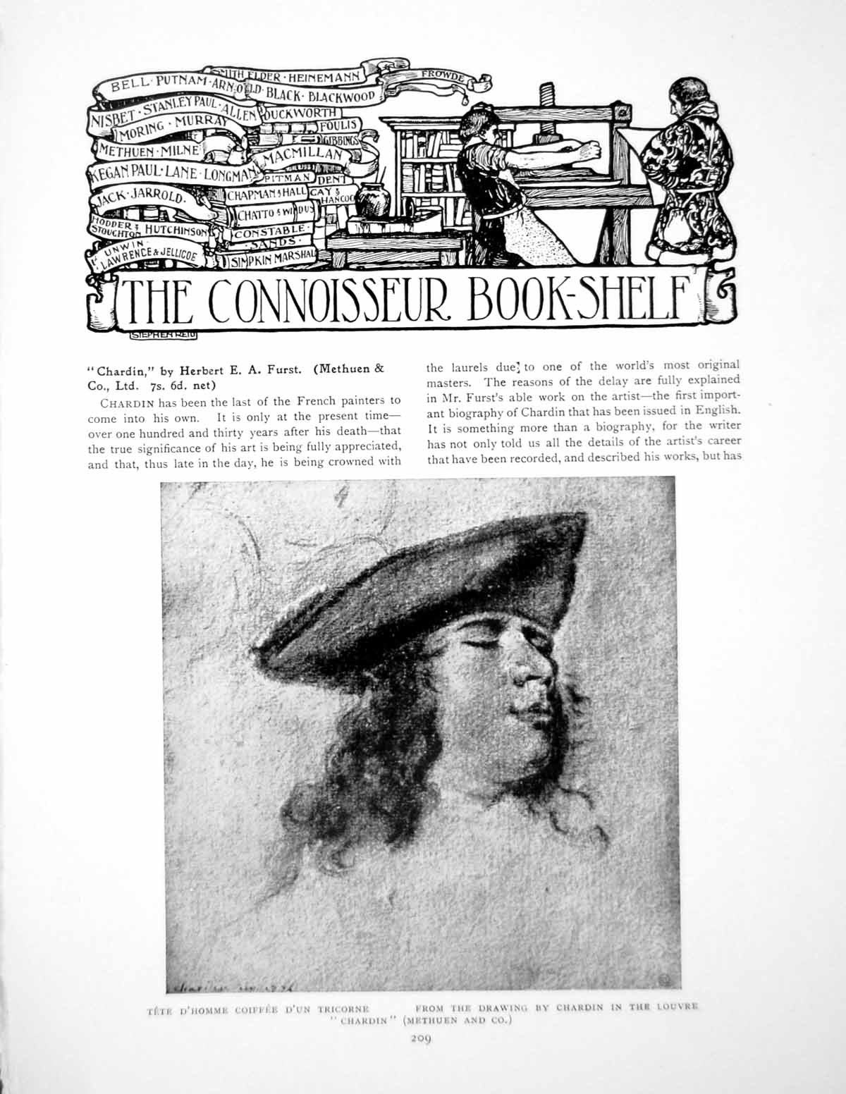 Old Antique Print Bookshelf Chardin Tete Homme Tricorn HatPages 1911