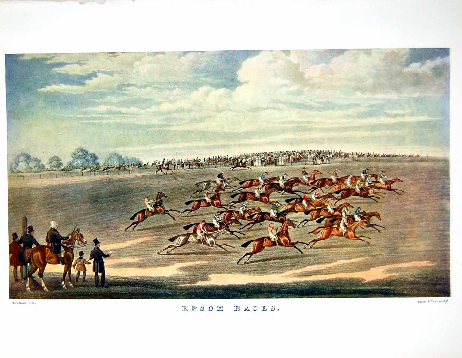 Old Antique Print Epsom Races Horses In Full Flight Crowd Watching 1911 20th