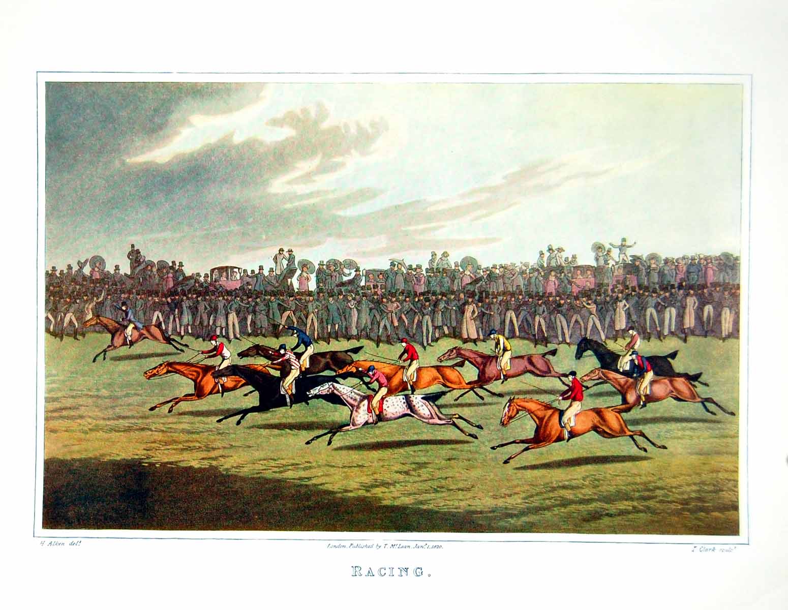 Original Old Antique Print Racing Horses At Full Speed Crowd In Background 1911