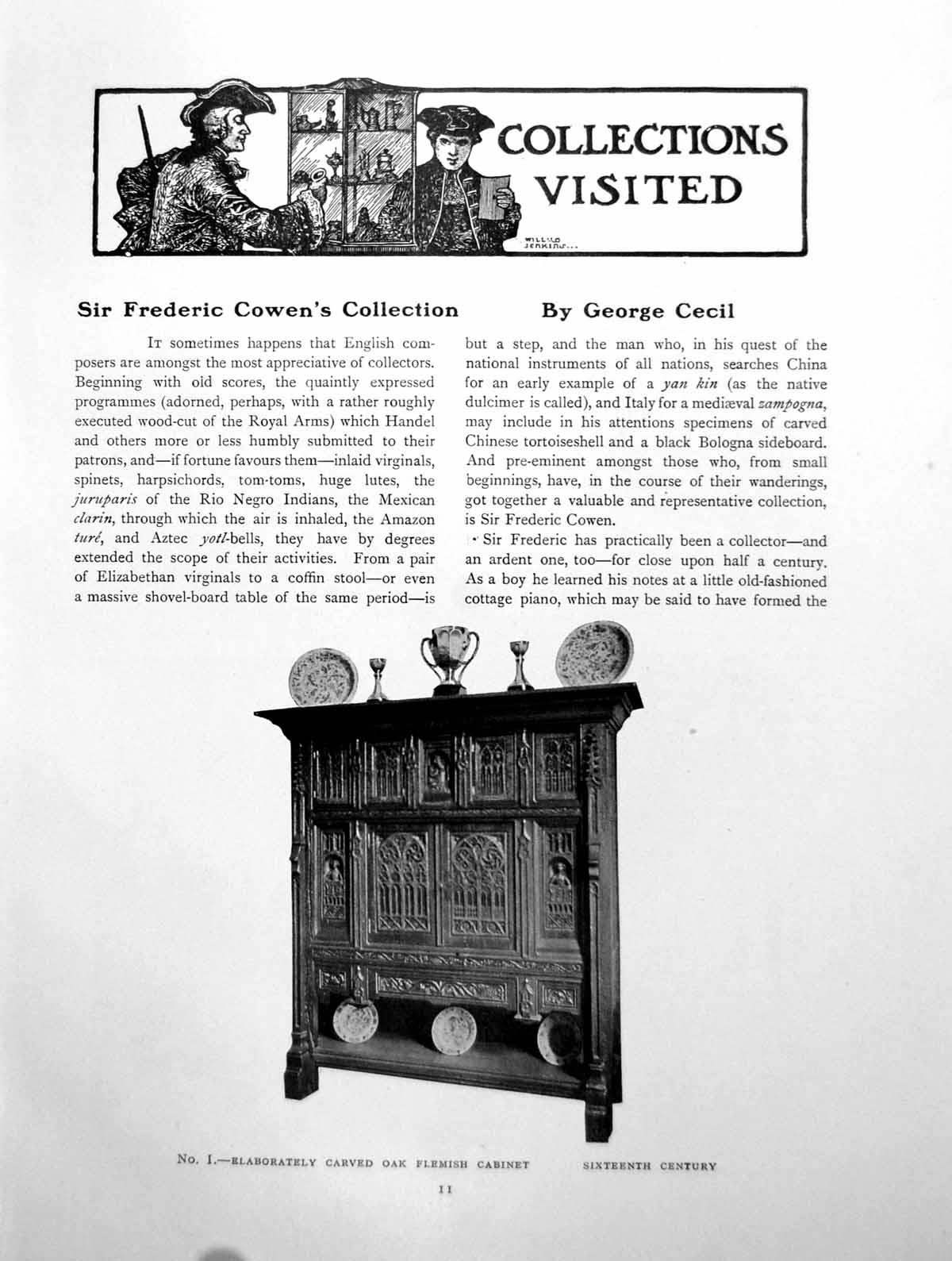 Antique Old Print Sir Frederic Cowen'S Collection Oak CabinetPages 1911