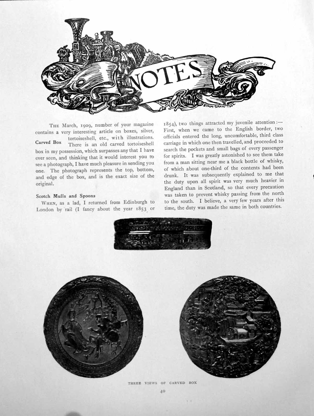 Original Old Antique Print Notes Carved Box Scotch Mull And SpoonsPages 1911
