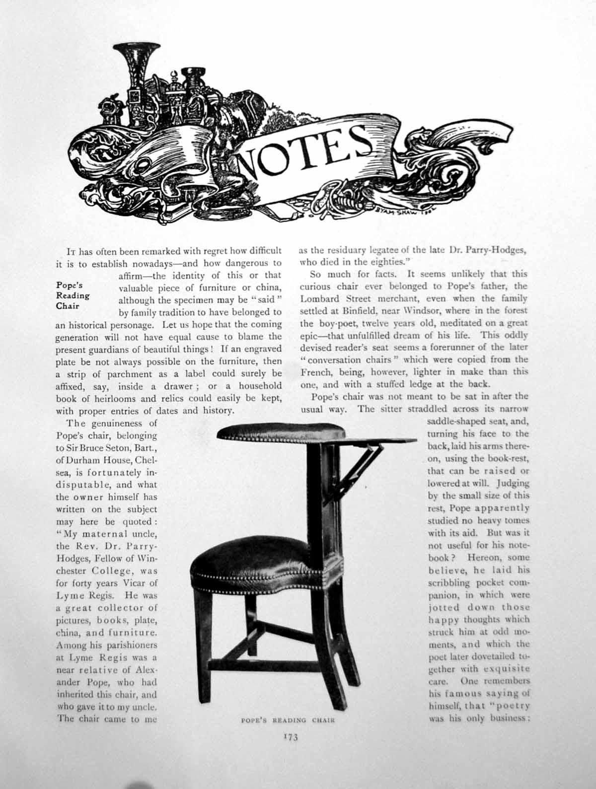 Old Antique Print Pope'S Reading Chair Dutch Cradle SporranPages 1911