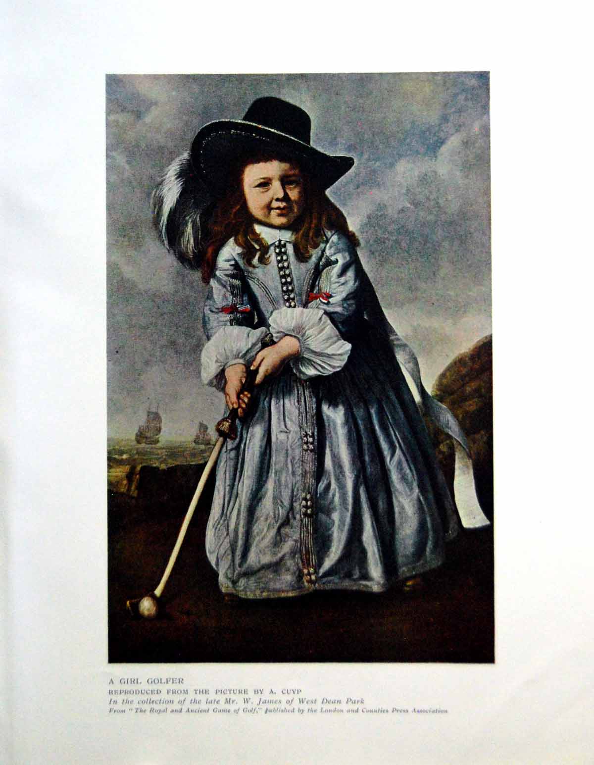 Antique Old Print A Girl Golfer From Picture A Cuyp Long Blue Dress Hat 1912