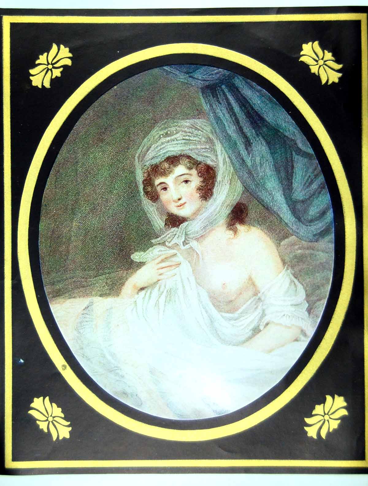 Antique Print Portrait Semi-Clad Lady In White Gauzy Fabric Blue Drape 1913