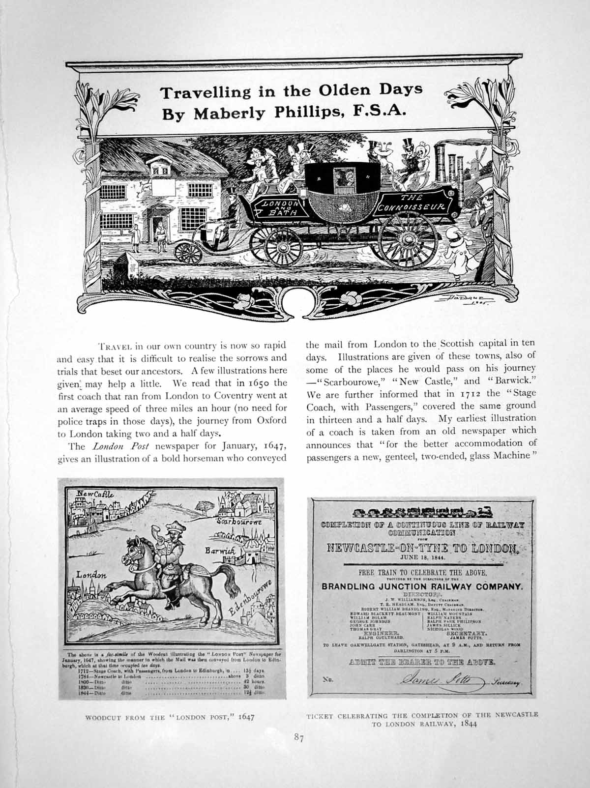 Antique Old Print Travelling In The en Days Woodcut London PostPages 1914