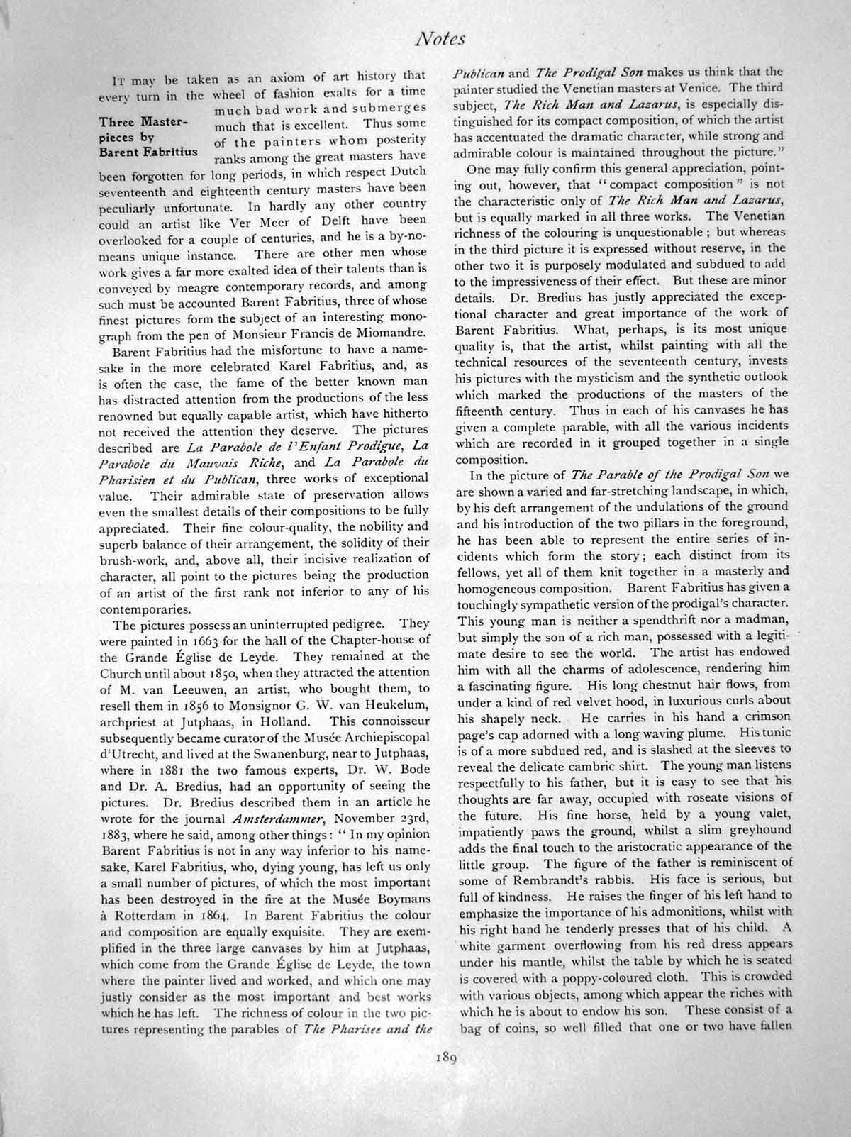 Antique Old Print Notes Three Masterpieces By Barent FabritiusPages 1914