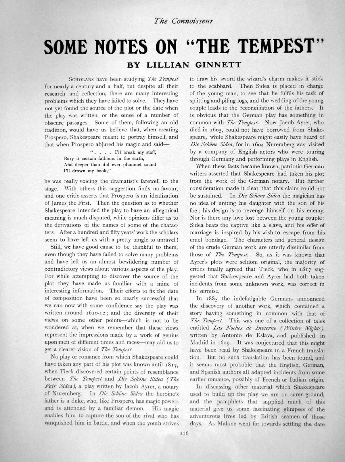 Antique Old Print Some Notes On The Tempest By Lillian GinnettPages 1914