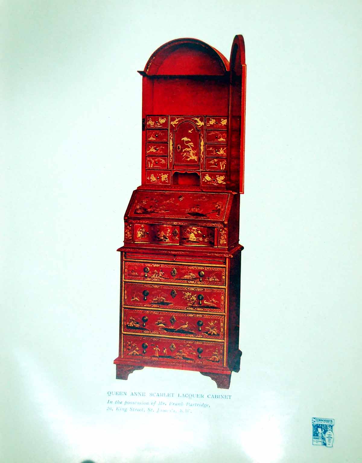 Old Antique Print Queen Anne Scarlet Lacquer Cabinet Mr F Partridge 1914 20th