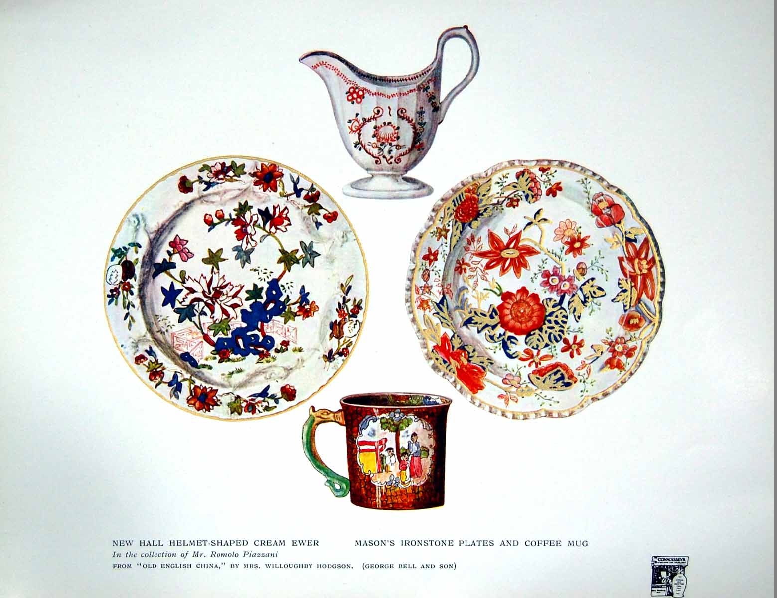 Old Print New Hall Helmet Shaped Cream Ewer Mason'S Ironstone Plates 1914 20th