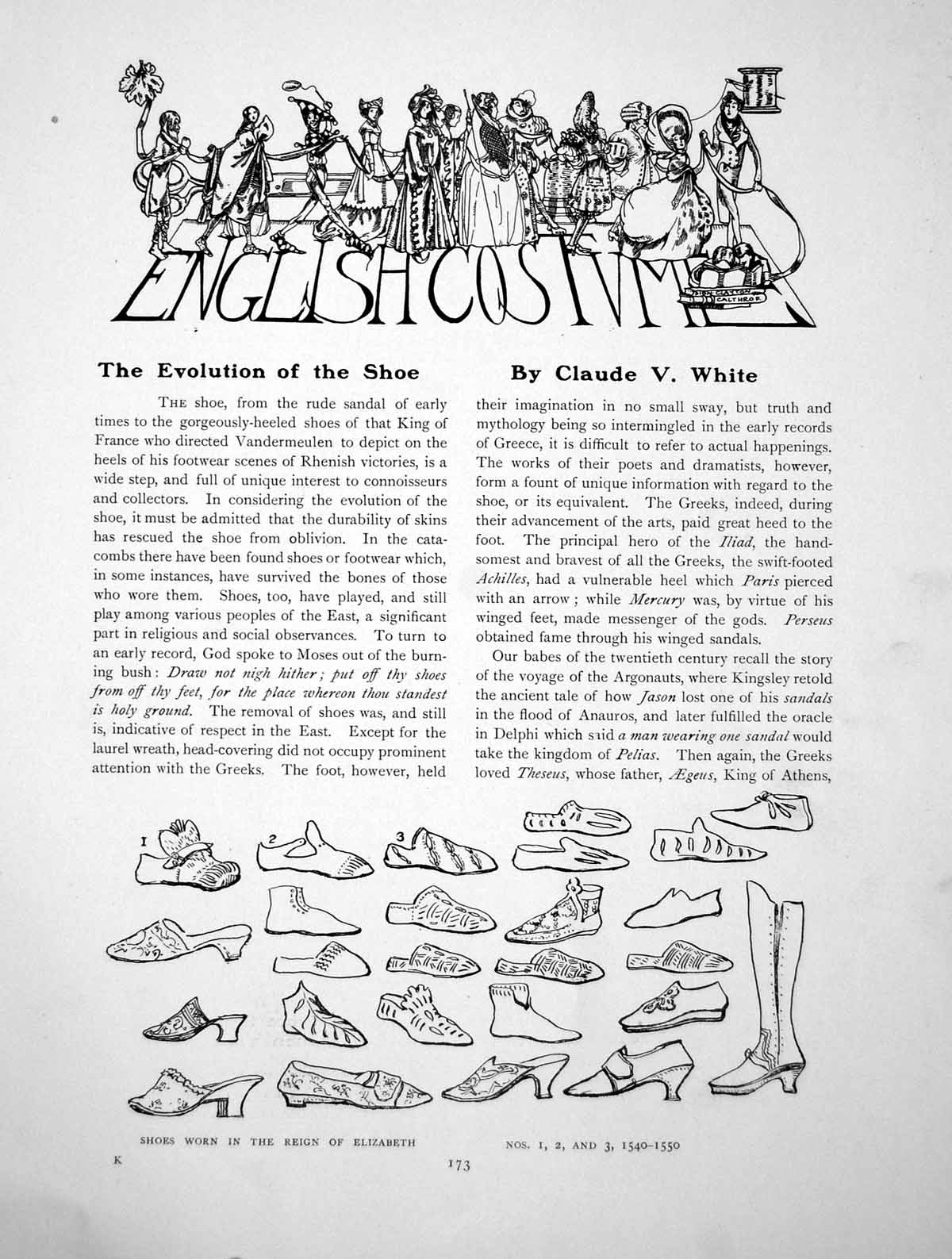 Original Old Antique Print English Costume The Evolution The ShoePages 1914