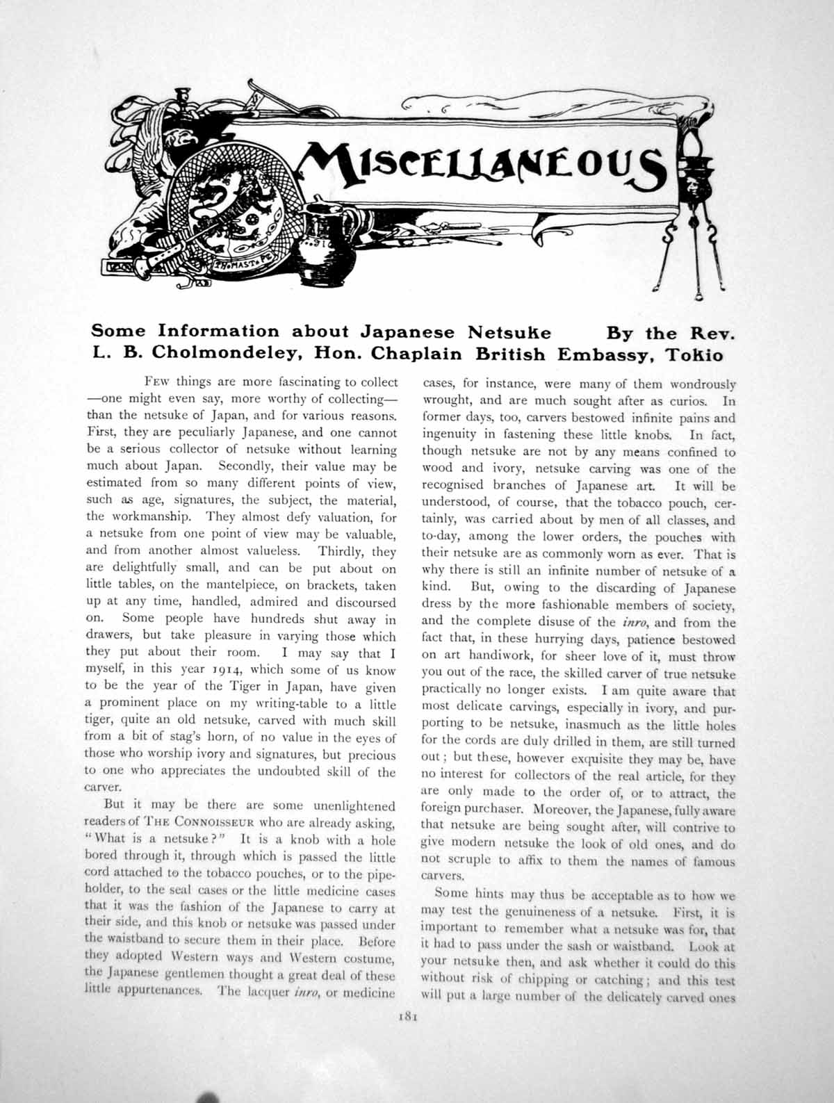 Original Old Antique Print Some Information About Japanese NetsukePage 1914