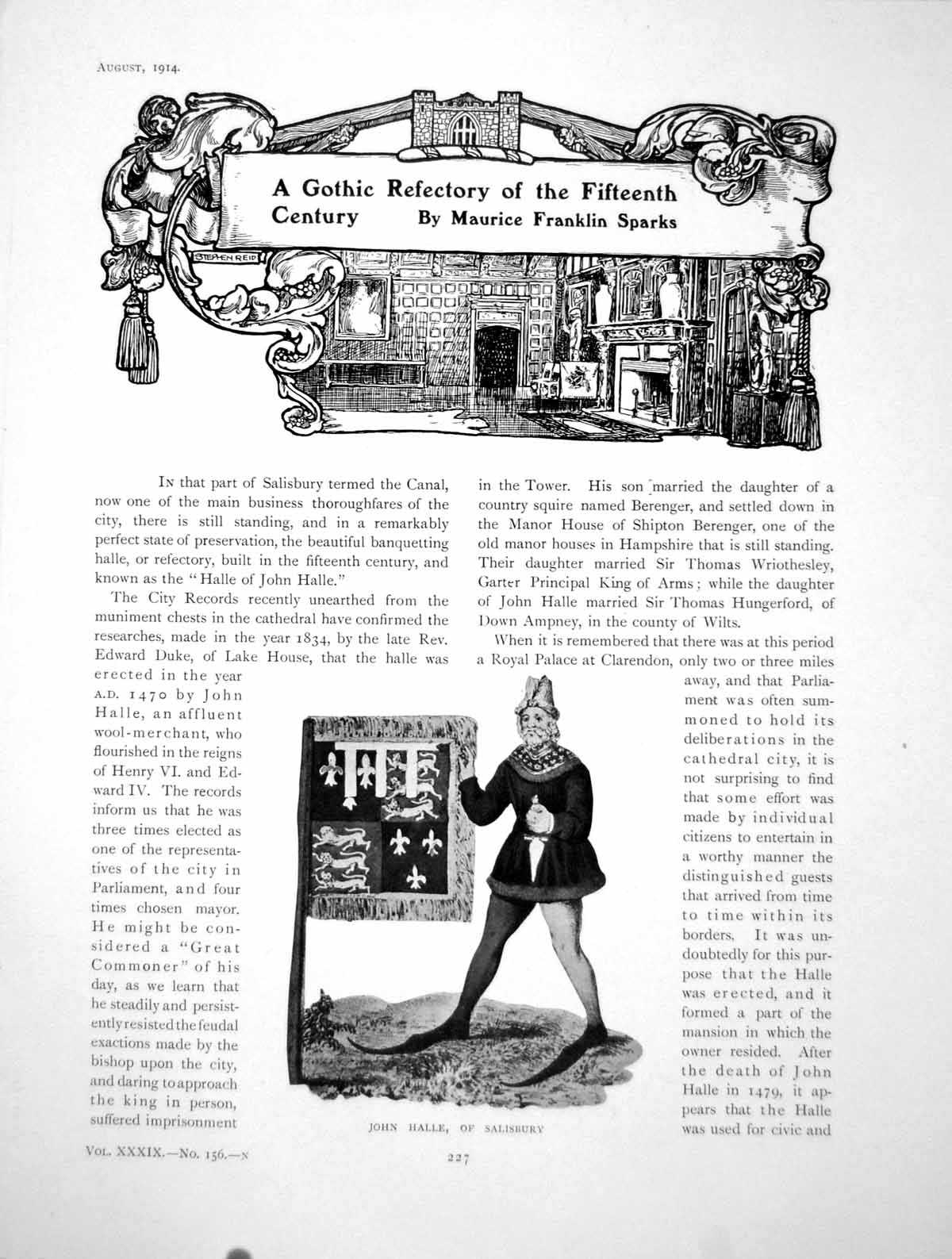 Antique Old Print Gothic Refectory C15Th John Halle SalisburyPages 1914